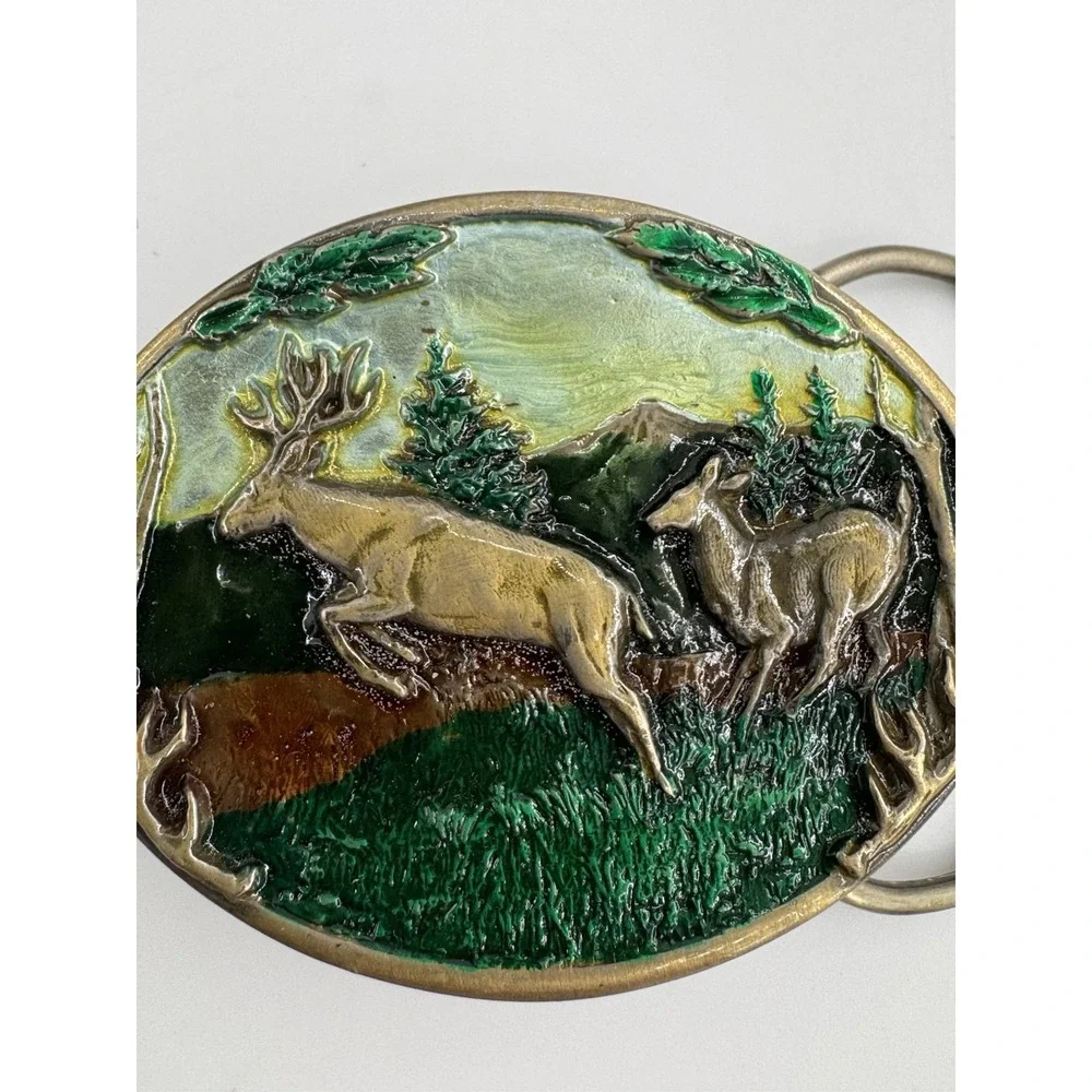 Belt Buckle Running Jumping Deer Buck Wildlife Hunting Western VTG 1985 C+J‎ USA
